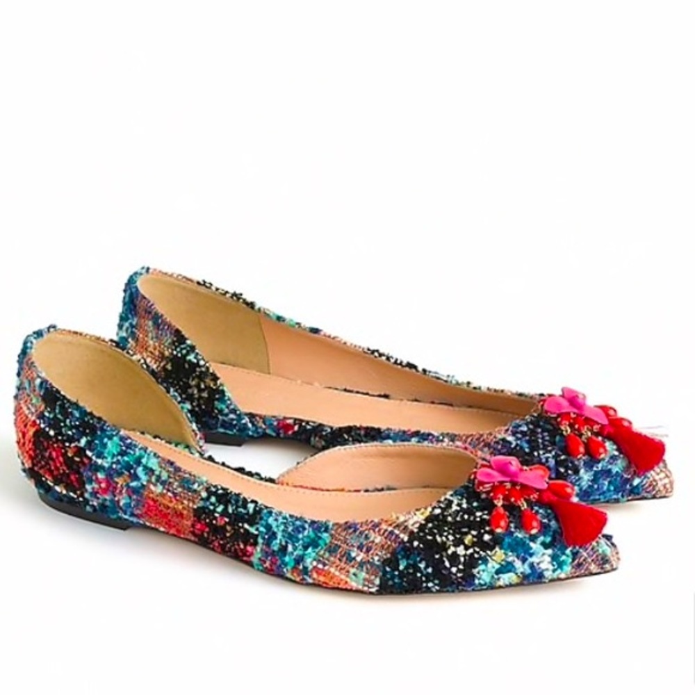 J. Crew Audrey Pointed Toe Embellished
Tweed Flats